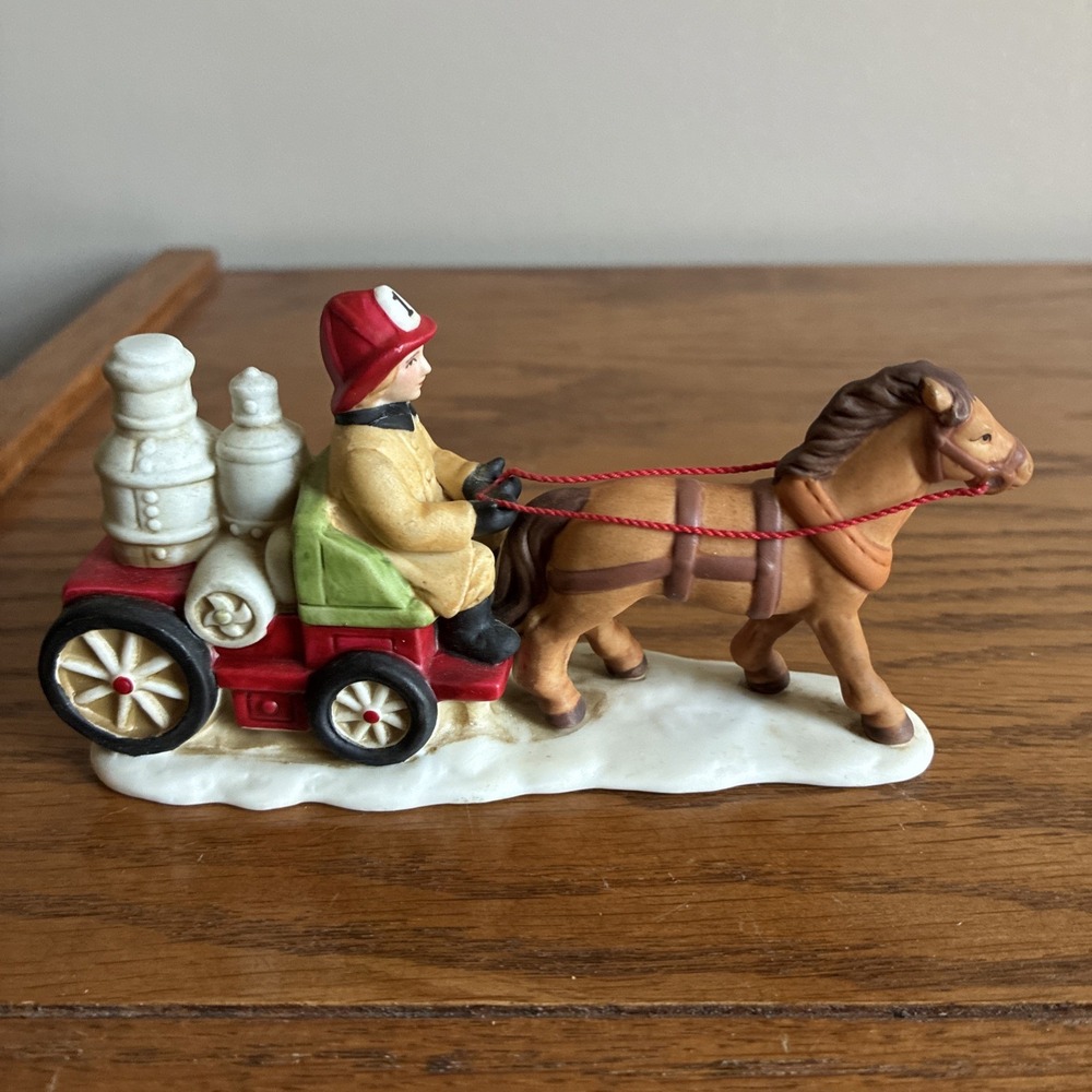 Vintage Homco Figurine Christmas Village Firefighter Horse Drawn Wagon #5408